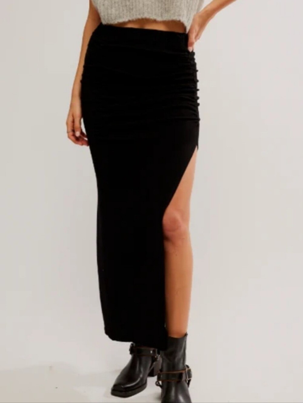 Free People Peak Show Black Ruched Knit Maxi Skirt Slit Size M Medium